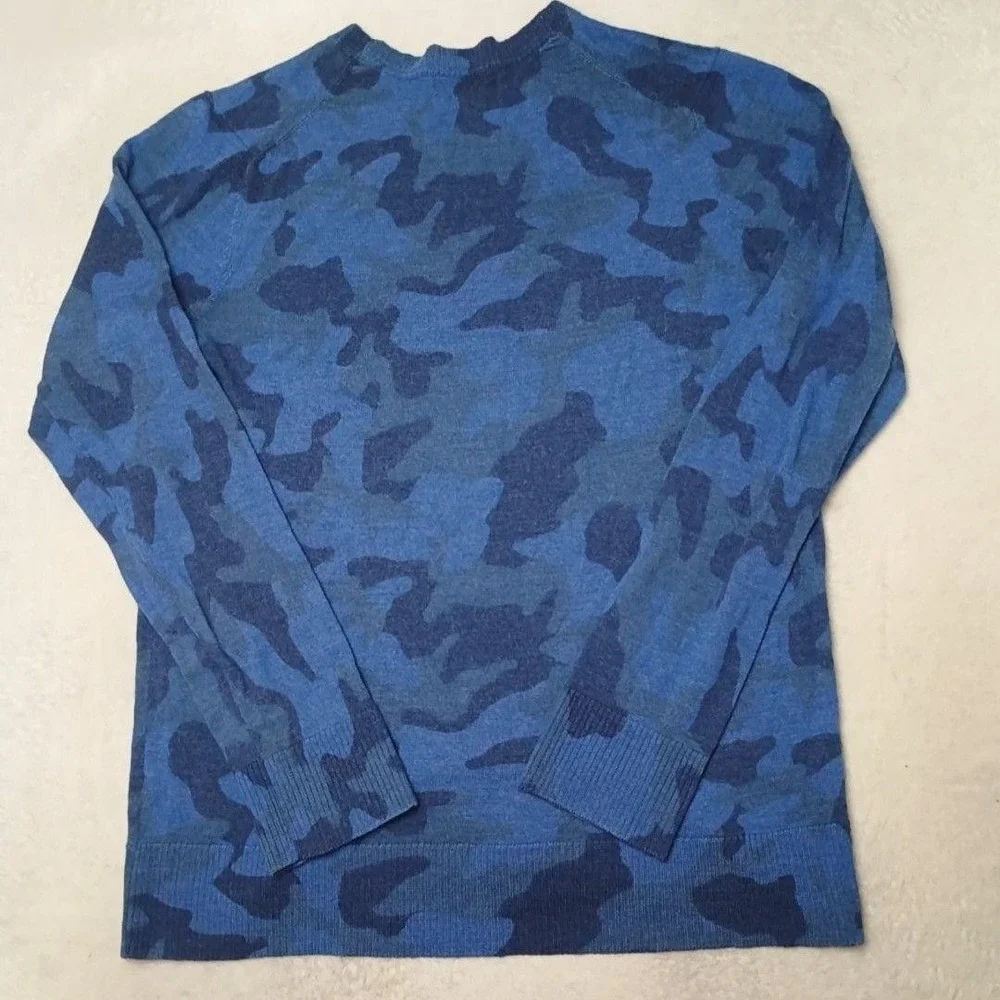Banana Republic Sweater Mens L Blue Camouflage Pullover Crew Merino Wool SHRUNK